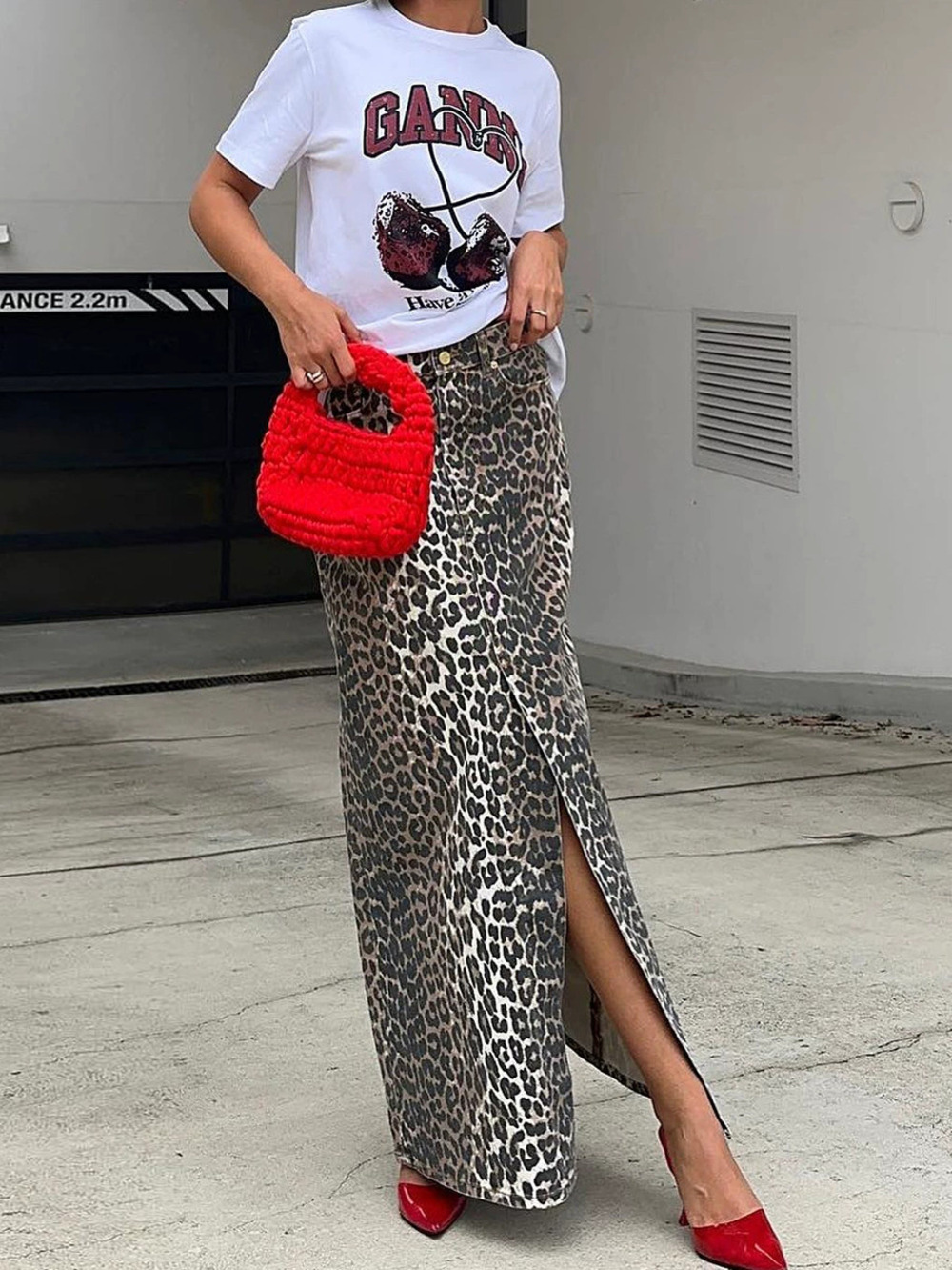 Forever 21 Summer Leopard Print Straight Slim Fit Slit Long Skirt